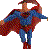 Pixelated figure in blue and red costume with flowing cape, standing against gray background.