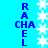 Vertical blue text 'RACHEL' repeats on both sides of a central white snowflake against cyan background