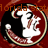 Circular icon with maroon and black background, white mascot figure holding a scroll, red text along bottom edge.