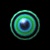 Animated circular icon with concentric rings shifting between blue, green, and purple hues, featuring a central light reflection that changes position across frames.