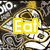 A static image with a repeating pattern of stylized, abstract shapes in yellow, white, and gray, overlaid with three yellow text boxes containing the words Eat, Ground, and Hard.