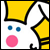 Pixelated icon with yellow and white shapes, two blue dots, and a pink circle on a white background.