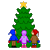 Static pixel art icon of a green Christmas tree with yellow star topper and three cartoon figures standing beneath it on a gray background.