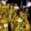 Animated sequence of golden-armored figures with flowing hair and glowing white particles against a black background, transitioning between poses.