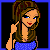 Pixelated cartoon woman with brown hair in ponytail, blue eyes, red lips, wearing sleeveless top and blue patterned skirt against black background.