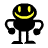 Two static frames of a pixelated black cartoon character with yellow facial features in standing and running poses on white background.