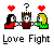 Pixel art of three figures holding hands with hearts above their heads, labeled "Love Fight" below.