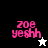 Pixelated pink text 'zoe yeshh' with a white star on black background and a black star on white background, both over gray.