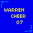 Blue background with yellow pixelated text reading 'WARREN CHEER 07' repeated in a pattern, surrounded by light blue star and dot decorations