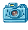 Pixelated blue camera icon with smiling face, showing sequential animation frames of flash bursts and film strip ejection.