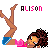 Pixelated image of a woman lying on her back with legs raised, wearing blue shorts and pink top, text "ALISON" above in black and pink letters.