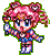 Pixelated character with pink pigtails and blue eyes holds a wand, wearing a blue-and-red outfit against gray background.