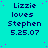 Cyan background with repeated text "Lizzie loves Stephen 5.25.07" in dark blue, scattered pink dots, and a gray rectangle on the right edge.