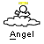 Pixelated angel figure with yellow halo, white cloud base, and 'Angel' text below on gray background.
