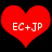 Two identical red heart shapes with white text "EC+JP" centered on a black background, displayed side-by-side.
