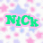 Pixelated icon with four distinct sections: top-left green 'NICK' text on pink polka dots, top-right pink 'Your' text on floral background, bottom-left blue 'MY' text with hearts, bottom-right green 'ALL' text on starry background.