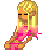 Pixel art of a blonde girl in pink and brown clothing with closed eyes, next to pink legs on a bright pink background.