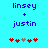 Blue text 'linsey + justin' on cyan background with red and gray heart icons below, two identical static frames shown side-by-side.