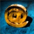 A pixelated circular icon with a golden-brown face, black eyes, and a small mouth, set against a blue background with a dark shadow.