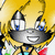 Pixelated anime-style character with blonde hair, blue eyes, and a wide smile; yellow top with red accents visible.