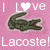 Pink background with two identical crocodile icons side-by-side, each above 'Lacoste!' text; left icon has white heart symbol in 'Love', right has pink heart.
