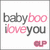 Pixelated text reads 'baby boo love you' with 'baby' and 'you' in gray, 'boo' and 'love' in pink, and a small pink 'eup' symbol at bottom right.