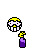 Pixelated cartoon character with yellow hair and white face holds purple bottle, transitioning from upright to tilted pose across frames.