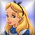 Pixelated cartoon-style icon of a blonde female character with blue eyes, red lips, and a black headband, wearing a blue dress with white accents against a light gradient background.