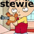 Pixelated cartoon character with large eyes and orange hair holding a brown object, wearing yellow shirt and red shorts, with text "stewie" above the head on a light background.