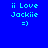 Pixelated blue background with cyan text "ii Love Jackie =)" and green rectangular overlays in different positions across the frame.