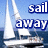 Pixelated image of a sailboat on water with blue sky background and bold text reading 'sail away' in white letters outlined in dark blue.