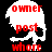 Pixelated skull icon with red text 'owner post whore' overlaid, displayed in four variations showing color and background changes.