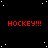 Red text reading 'HOCKEY!!!' repeated across a black background with scattered white dots, with a gray rectangle in the bottom-right corner.