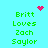 Pixelated green text on cyan background reads 'Britt Loves Zach Saylor' with pink heart and starburst symbols.