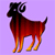 Pixelated static icon of a stylized animal with curved horns against a solid purple background, rendered in red-orange gradient tones with black outlines and yellow feet.