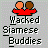 Pixelated icon shows two figures in red shirts with orange and brown heads against a gray background, below text reading Wacked Siamese Buddies.