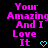 Pixelated text in bright pink and cyan on black background with a heart symbol.