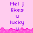 Pixelated text on pink background with pink wave border; repeated phrases 'Mel j likes u lucky' in purple and white text.