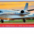 Pixelated image of a light blue aircraft on a runway with yellow and orange sky background, red strip at bottom, and green grass area.