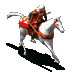 Animated sequence of a rider on a white horse in red and gold armor, showing progressive leg and arm movements