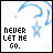 A 6-frame animated contact sheet showing a pixelated blue question mark and star with the text "NEVER LET ME GO." changing color across frames on a white background.