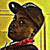 A cartoon character with brown skin wears a dark cap and red scarf against a yellow background, shown in four sequential poses