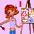 Pixel art of a woman with red hair painting on an easel, wearing a light purple tank top and blue shorts against a pink background.