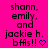 Bright pink background with black pixelated text listing names and 'bffs!!' followed by a blue heart symbol.