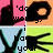 Pixelated animated icon with black shapes on colored backgrounds, displaying partial text fragments and a hand-like gesture in motion.