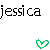 Black pixelated text 'jessica' spans the top-left portion of a white background, with a green heart-shaped icon in the bottom-right corner.