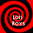 Four identical red and black spiral patterns arranged in a , each containing white text reading 'Lori Roxx' with the first letter of 'Lori' highlighted in red
