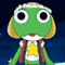 Green frog-like character with large eyes, yellow star on chest, red and white jacket, blonde hair, and white headband against dark blue background.