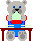 Pixelated bear character in red shirt and blue pants sits at brown table with stacked books, showing multiple facial expressions and arm positions across frames.