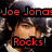 Pixelated image of a person with brown hair and light skin, overlaid with red text reading "Joe Jonas Rocks!" on black backgrounds.